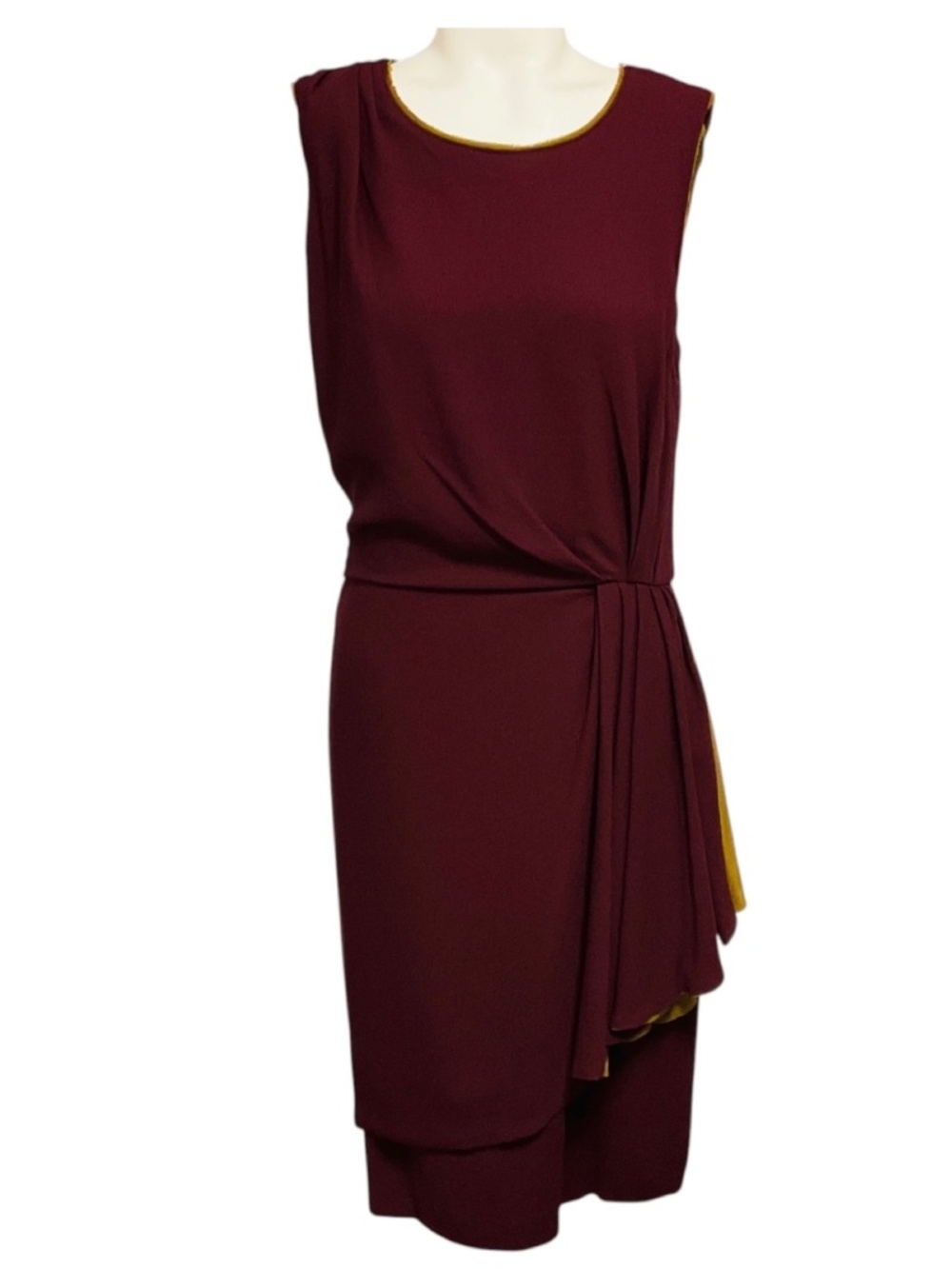 FENDI BURGUNDY / OLIVE DRAPED SLEEVELESS CREPE MIDI DRESS